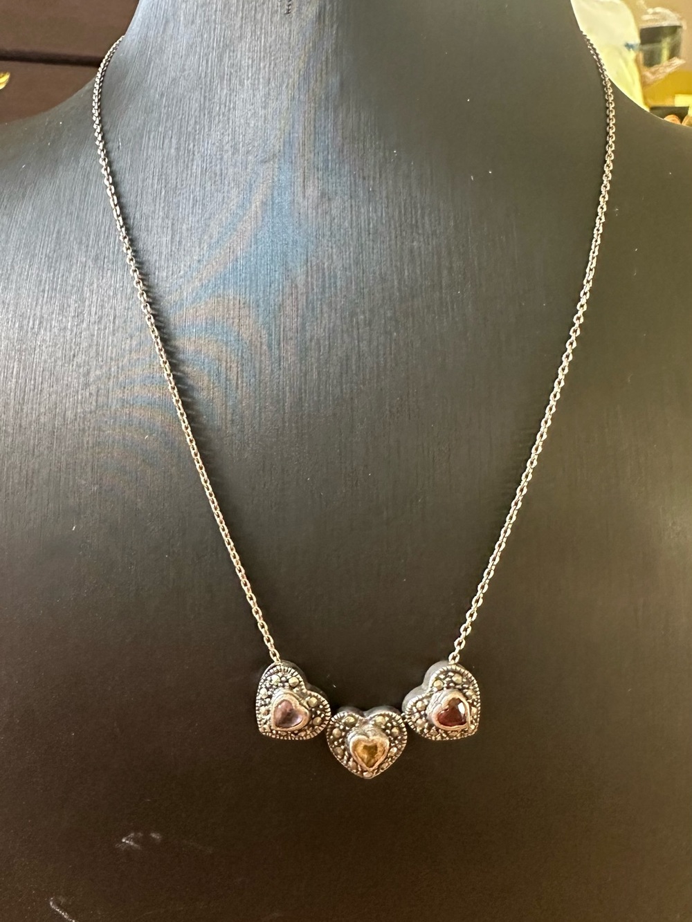 Sterling silver Triple Heart Necklace with multicolor stones